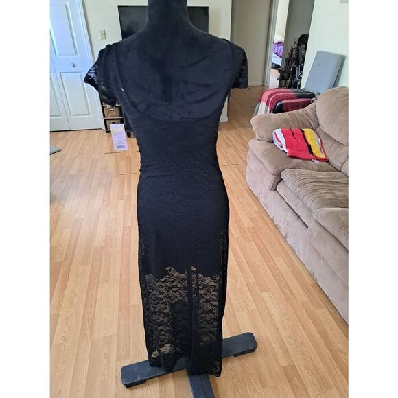 New XXS Wild Fable Black Lace Short Sleeve Round Neck Maxi Dress - Picture 5 of 7